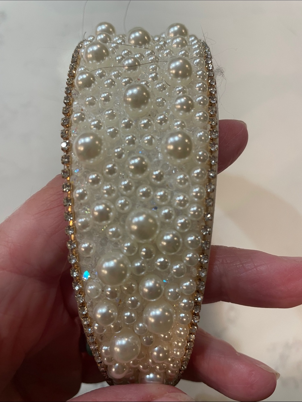 Rhinestone and Faux Pearl Beaded White Padded Headband with rubber comb